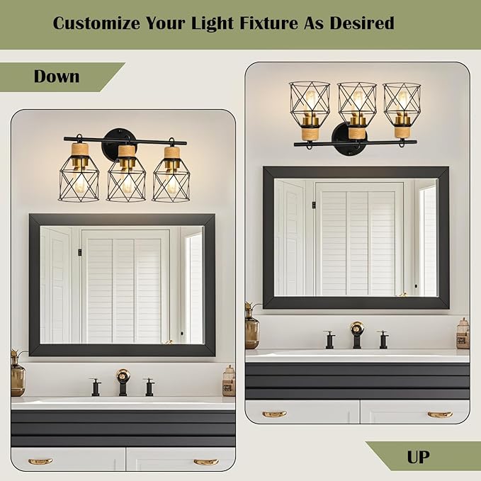 Farmhouse Bathroom Vanity Light Fixtures,3-Light Bathroom Light Fixtures,Sconces Wall Lighting Over Mirror, Black Vanity Lights with Metal Lampshade,Vintage Wall Light for Bedroom Hallway