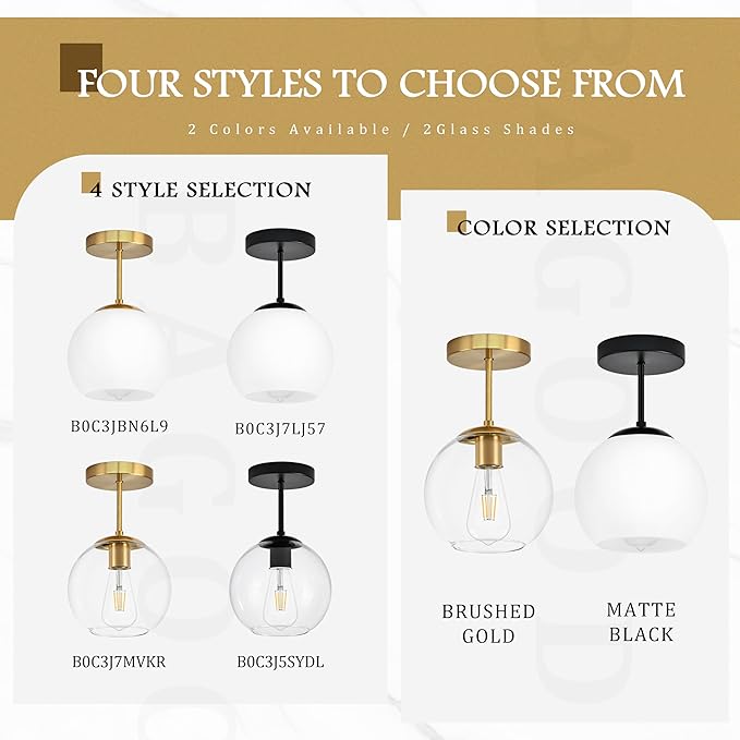 Gold Semi Flush Mount Ceiling Light Fixture with Clear Glass Light Fixture Mid Century Light Fixtures Gold Semi Flush Ceiling Light Fixtures for Dining Room Kitchen Island (Bulb Incl)