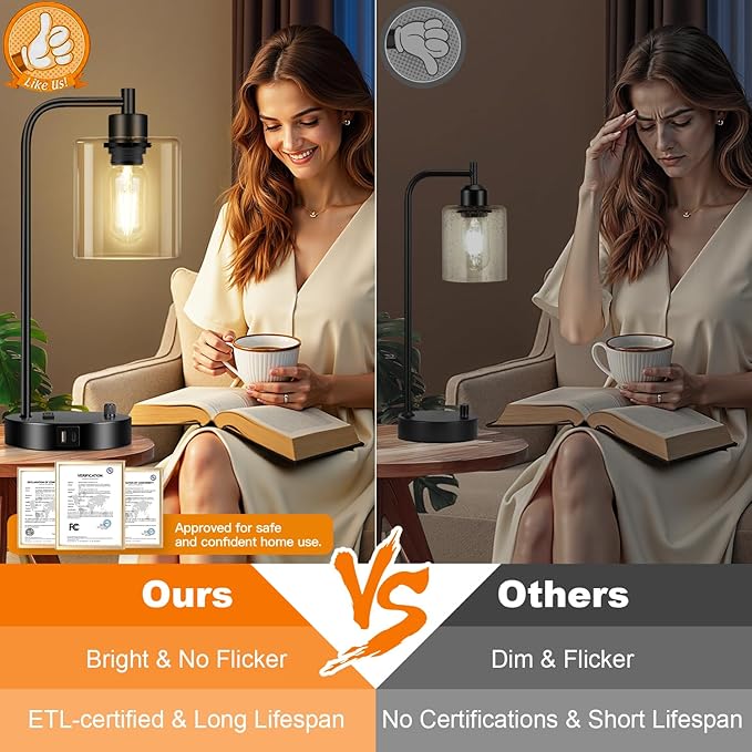 Industrial Table Lamp with USB A+C Ports and Outlet, Fully Stepless Dimmable Modern Nightstand Lamp, Glass Shade Bedside Desk Lamp for Bedroom Living Room Office, 8W 2700K LED Edison Bulb Included.
