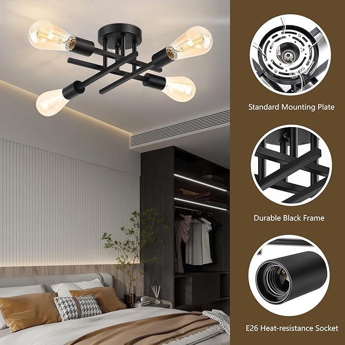 Ceiling Light, Dining Room Light Fixture with E26 Base, Semi Flush Mount Ceiling Light Fixture, Kitchen Lighting Fixtures Ceiling, 4-Light Matte Black Chandelier for Bedroom