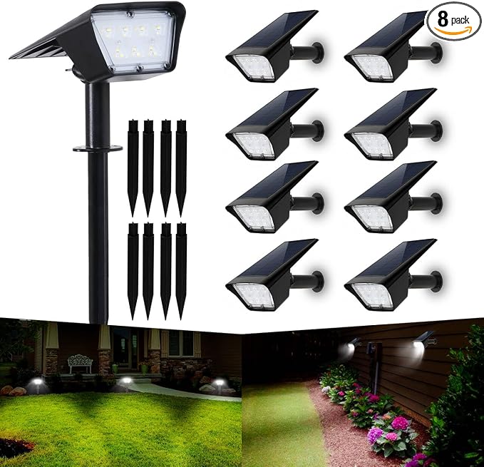 Solar Spotlights Outdoor, IP65 Waterproof LED Solar Uplights with Stake - 2 Lighting Modes, 120° Adjustable, Solar Powered Landscape Lights for Lawn, Walkway, Backyard, Camping (8 Pack)