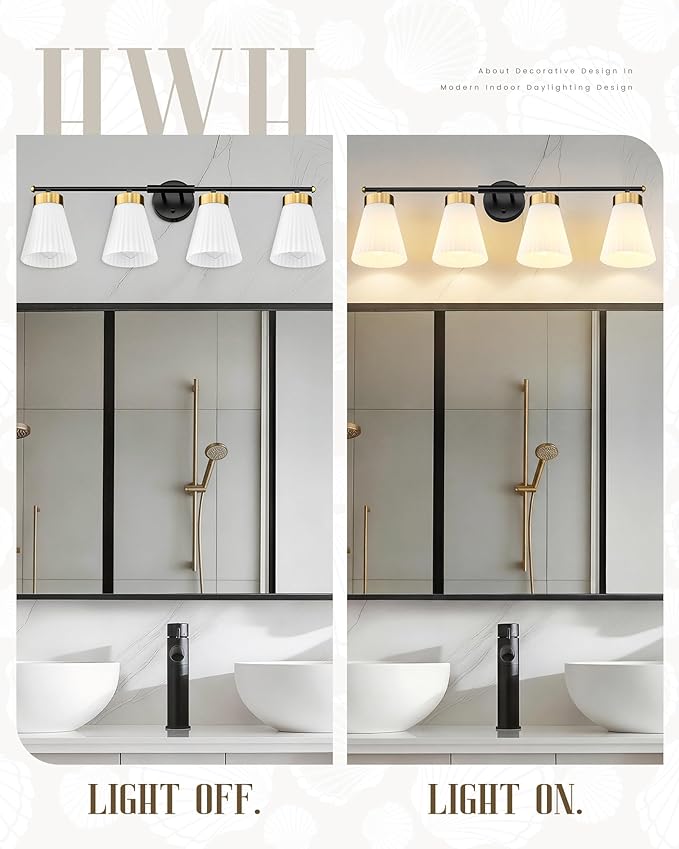 4-Light Bathroom Light Fixture, HWH 32 Inch Vanity Lights Over Mirror, Modern Sconce Wall Lighting with Frosted Milk White Striped Glass, Black and Gold Finish, 5HZG97B-4W BK+BG