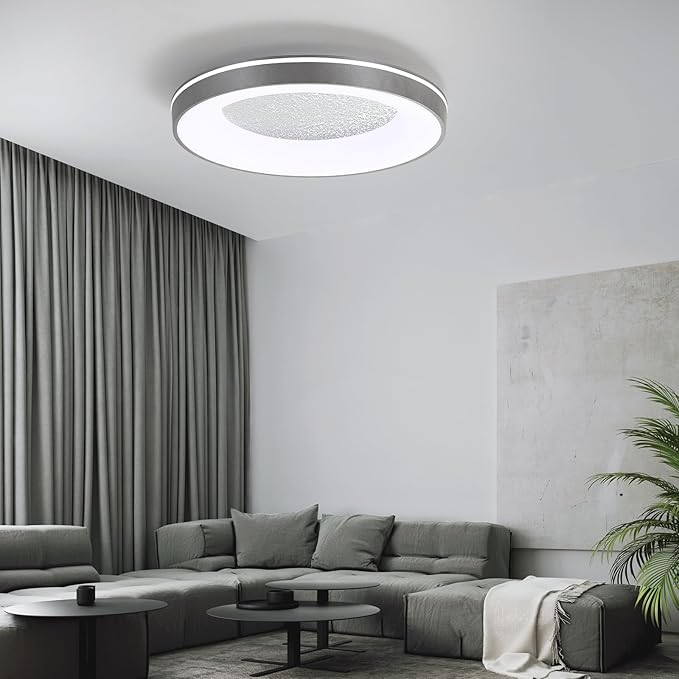 LED Flush Ceiling Light, 19in Grey Round Ceiling Light Dimmable 3000K/4500K/6500K Color Recessed Lamp for Living Room, Bedroom, Office,Hallway