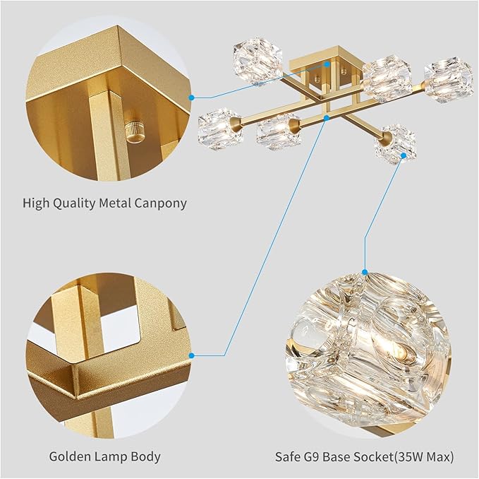 XINGQI Modern Ceiling Light Sputnik 6-Light Semi Flush Mount Ceiling Light Fixtures, Mid Century Antique Gold Chandeliers for Bedroom Dining Room Powder Room