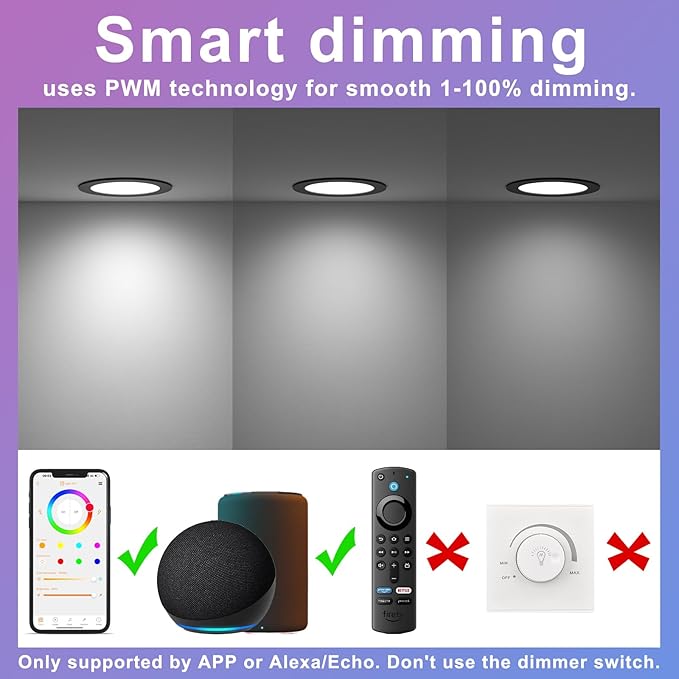 SikSog Smart Recessed Lighting 4 Inch Black RGBCW Color Changing 12W LED Downlight with Junction Box,1080 Lumen Recessed Ceiling Light Compatible with Alexa,Dimmable by Bluetooth Control -6Pack