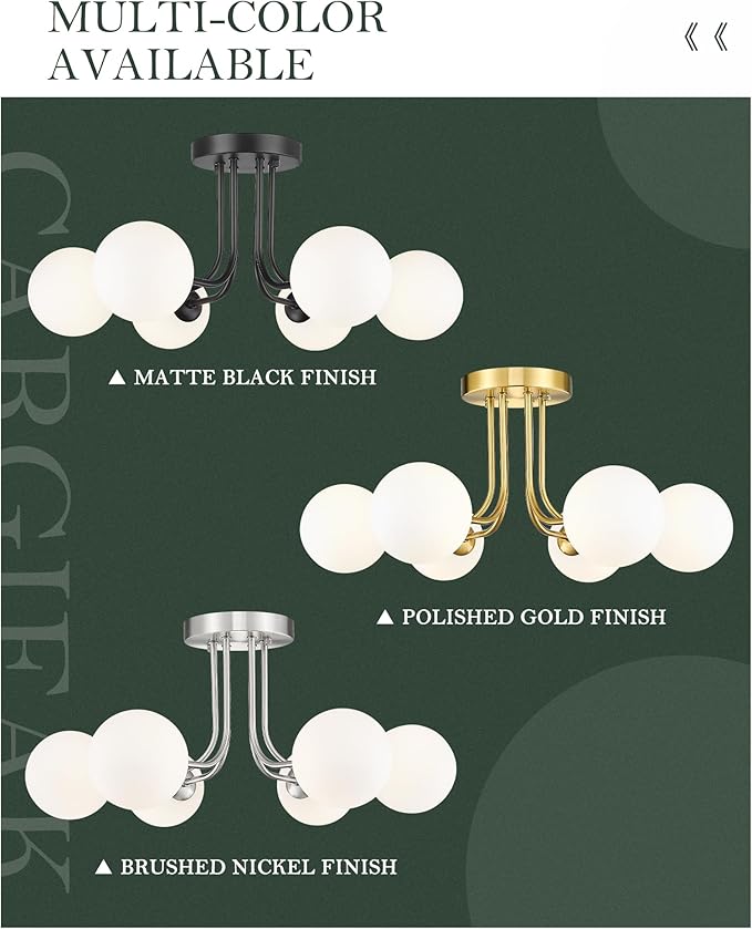 Matte Black Semi Flush Mount Ceiling Light in Modern Farmhouse Design Features 6 Frosted Glass Shades, Ideal for The Living Room, Bedroom, or Dining Room. Model:CKCL4845-6W-BK