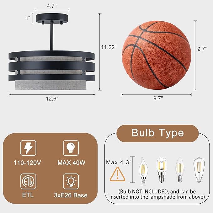12.6” Drum Semi Flush Mount Ceiling Light Fixture, 3-Light Black Linen Ceiling Lights, Farmhouse Fabric Close to Ceiling Lighting for Bedroom Hallway Kitchen Entryway Foyer Dining Room