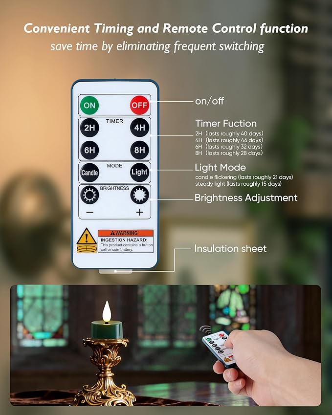 Amagic Flameless Green Timer Remote Tealights Candles, 3D Black Wick Flickering Tea Light, 300+Hour Colored Votive Candles Battery Operated, Set of 24 for Christmas, Theme Party, Holiday, Home Decor
