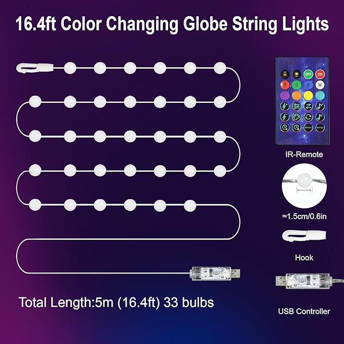 Christmas String Lights Indoor 16.4FT 33LEDs, Smart RGB Fairy Twinkle Christmas Lights with Music Sync, RF Remote, APP Control, Multicolor, USB Powered for Party Garden Bedroom Decor