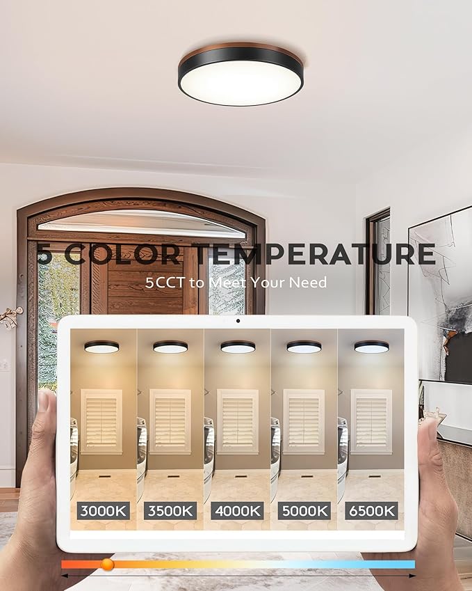 Ken & Ricky 16 Inch Wood Flush Mount Ceiling Light,Modern Led Ceiling Light Fixtures Ceiling Mount, 24W 3000K-6500K Color Dimmable for Bedroom Kitchen Bathroom Hallway 1PK
