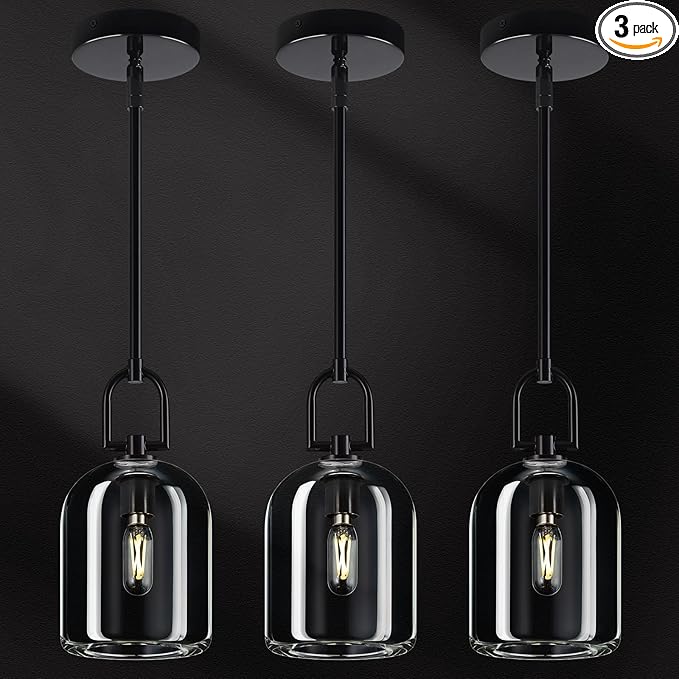 Modern Black Pendant Lights Kitchen Island Ceiling Chandelier Indoor Thick Crystal Hanging Light Fixtures for Kitchen Living Room Dining Room Bedroom（3Pack）