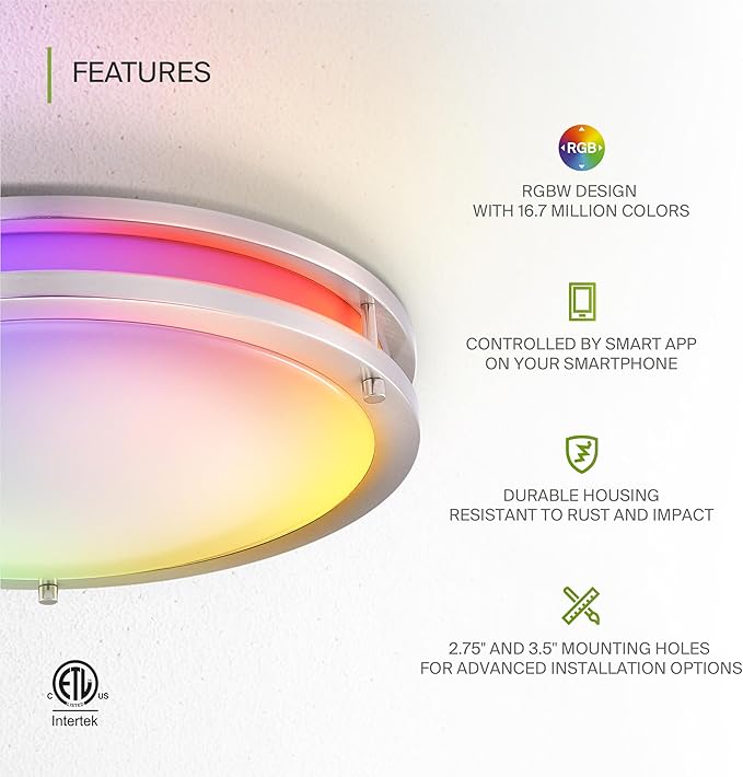 ASD LED 16" Round Flush Mount Lighting, Close to Ceiling Light Fixture | Smart, Multicolor, Dimmable, ETL Listed | 24W 1575LM RGB-2700-6500K 120V | Low Profile Double Ring Lamp | Nickel, 2 Pack
