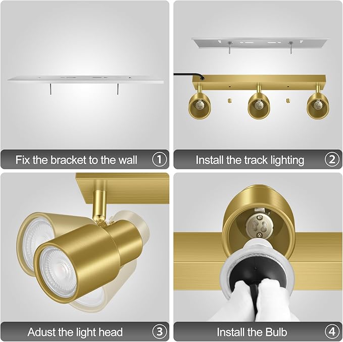 Plug-in Track Lighting LED, Track Light Fixtures Ceiling Kit, 15.7" Gold 3 Way Wall Lights for Kitchen, Plug in Ceiling Light with 14.8ft Power Cord,Rotatable Spotlight for Hallway(GU10 Base,No Bulb)