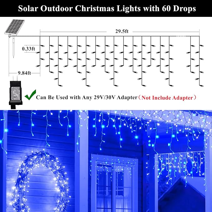 KiflyTooin Solar Christmas Lights Outdoor Waterproof Christmas Decorations Curtain Lights 320LED 29.5ft 60 Drops, Solar Powered Rechargeable Fairy Lights for Party, Wedding, Home Decorations(Blue)