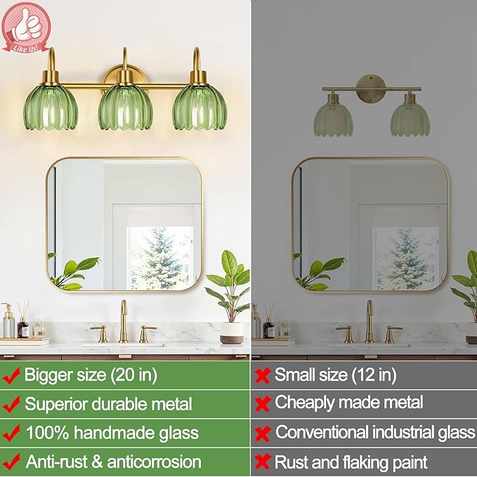 Bathroom Light Fixtures (3-Light, 20 in), Brushed Gold Vanity Lights for Bathroom with Ribbed Green Tulip Glass Shade, Vintage Vanity Wall Lights for Mirror Bedroom Living Room Hallway