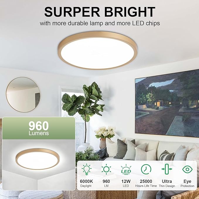 LED Flush Mount Ceiling Light: 7 inch 1Pack Super Slim Dimmable & 5CCT (2700-6500K) Kitchen Lighting Fixtures Ceiling - 12W Gold Low Profile Ceiling Lamp for Bedroom Garage Hallway