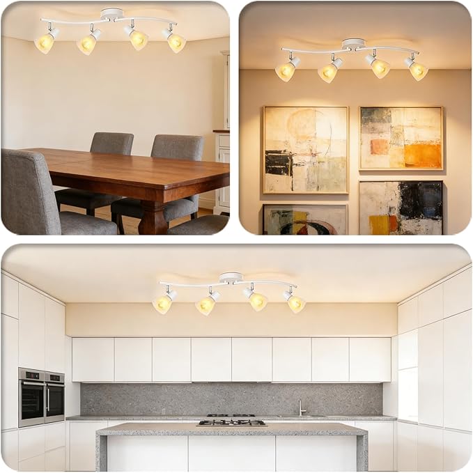 HiBay 4-Light Track Lighting, Modern White Glass Ceiling Light Fixture, Adjustable Flush Mount Track Spotlight for Bathroom, Kitchen, Dining Room, E12 Base, No Bulbs