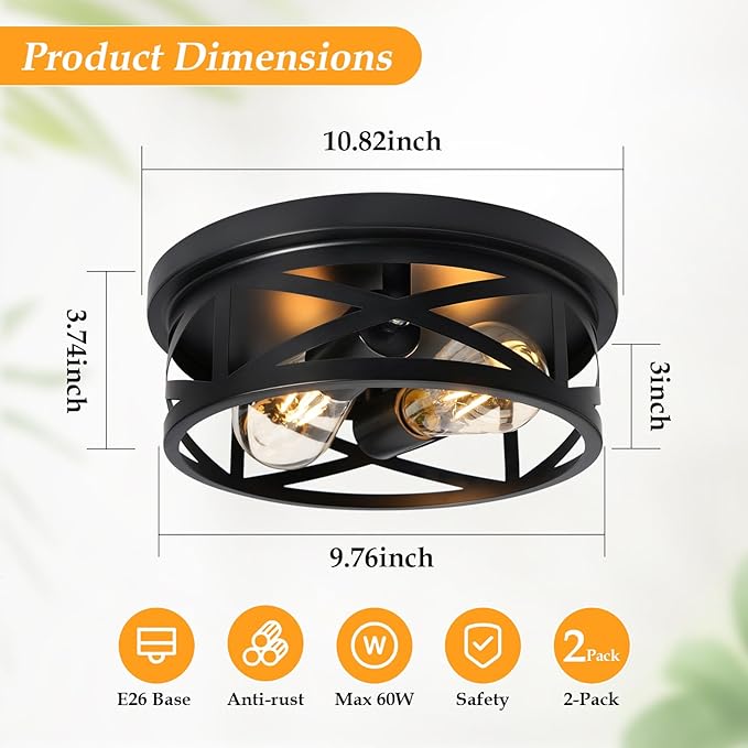 2-Light Flush Mount Ceiling Light Fixture, Farmhouse Ceiling Lights for Kitchen, Modern Black Close to Ceiling Light for Hallway Bedroom Balcony Porch Stairway, E26, (2 Pack)