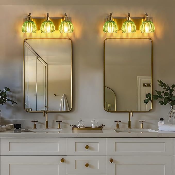 3-Light Vanity Lights with Green Tulip Glass Shade, Gold Bathroom Lighting Fixture Over Mirror, Vintage Vanity Wall Sconce Lamp for Kitchen Living Room Hallway
