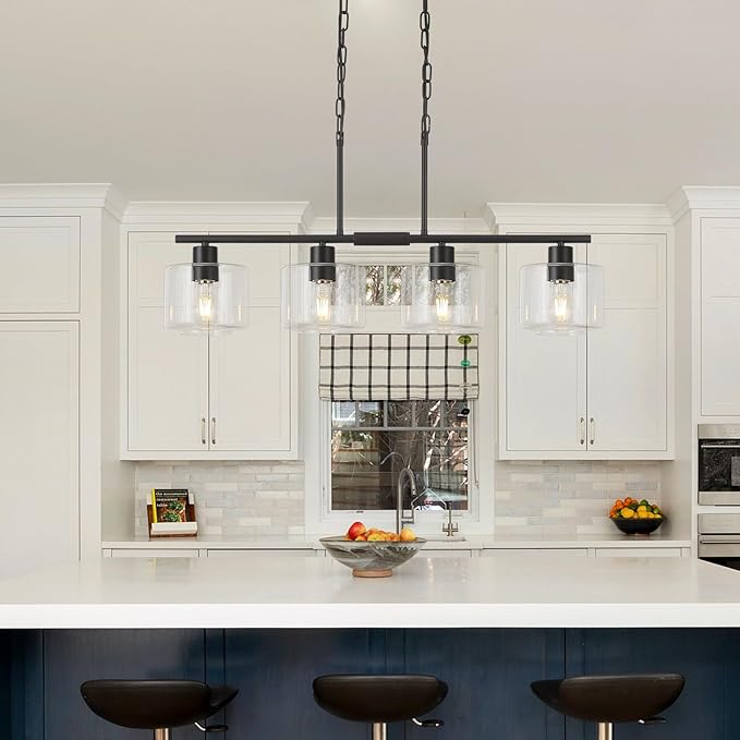 4-Light Kitchen Island Lighting, Modern Black Linear Dining Room Chandelier Light Fixtures with Clear Glass and Chain, Farmhouse Hanging Lights for Kitchen Island Dining Room, OS-YQ8153-4ISBKC