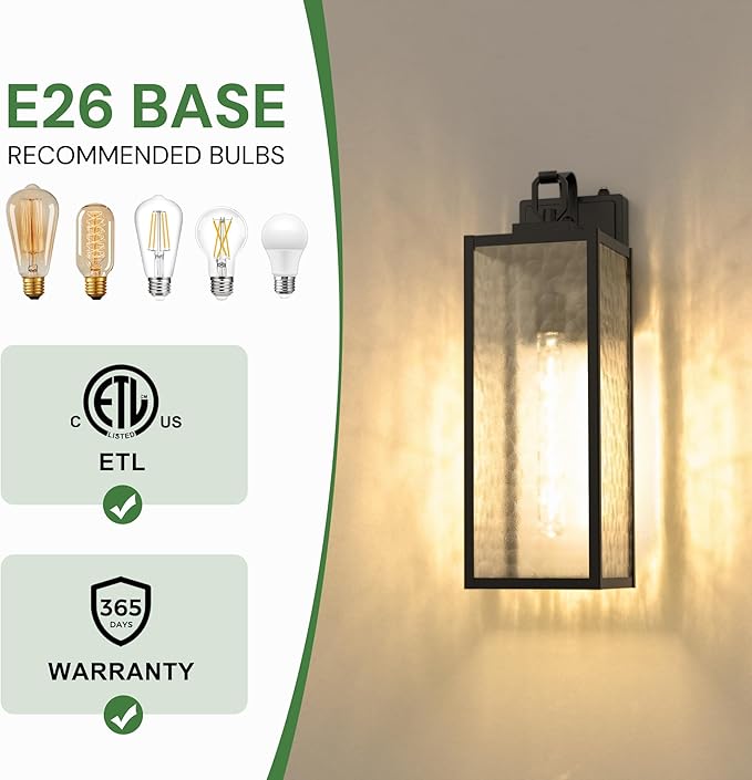 DORESshop 18 Inch Large Size Dusk to Dawn Outdoor Wall Lights, Matte Black Waterproof Anti-Rust Outdoor Light Fixtures Wall Mount with Water Ripple Glass Shade for Porch, with T30 Light Bulbs, 2 Pack