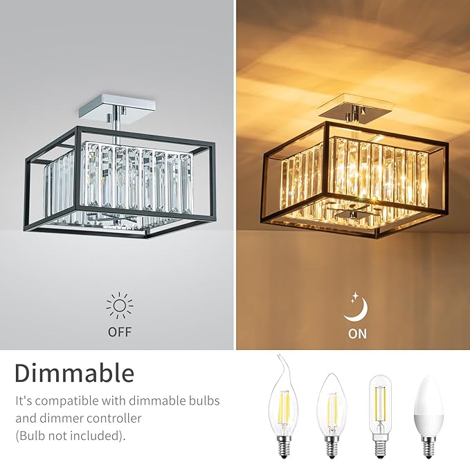LumFurn 4-Light K9 Crystal Ceiling Light, 2-Tier Square Semi-Flushmount Light Fixture for Living Room, Foyer, Bedroom, L12 x W12 x H10inch, Clear Crystal & Black & Chrome Finish