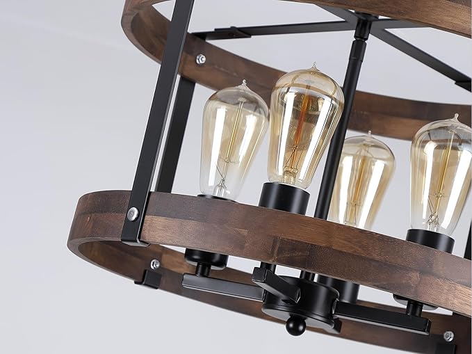 4-Light Large Rustic Farmhouse Flush Mount Ceiling Light Fixture 16.5 inch Oak Wood Round Drum Semi Flush Mount Ceiling Light for Bedroom Hallway Entry Dining Farmhouse Living Room, Black