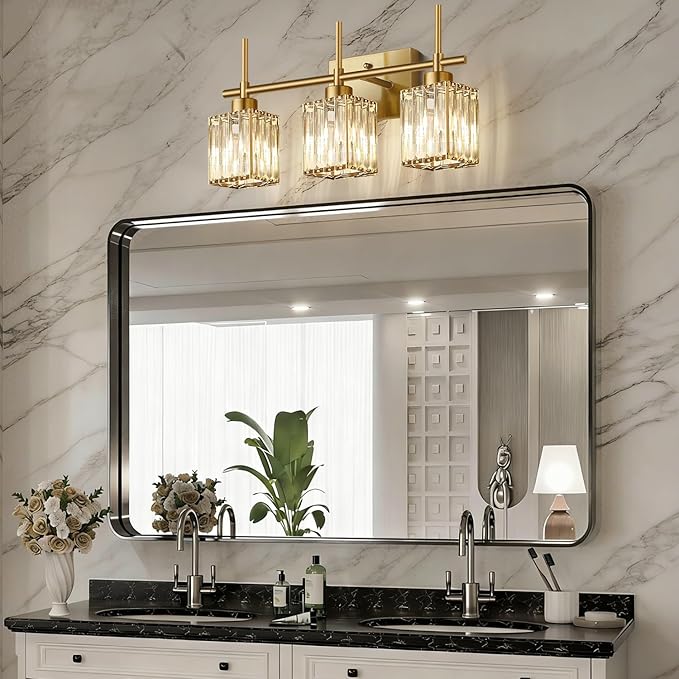 Torondo Modern Crystal Bathroom Vanity Light 3-Light Brushed Gold Bathroom Light Fixtures Over Mirror Brushed Gold Vanity Lighting Fixtures Square Shade Brass Wall Sconce (Bulbs Not Include)