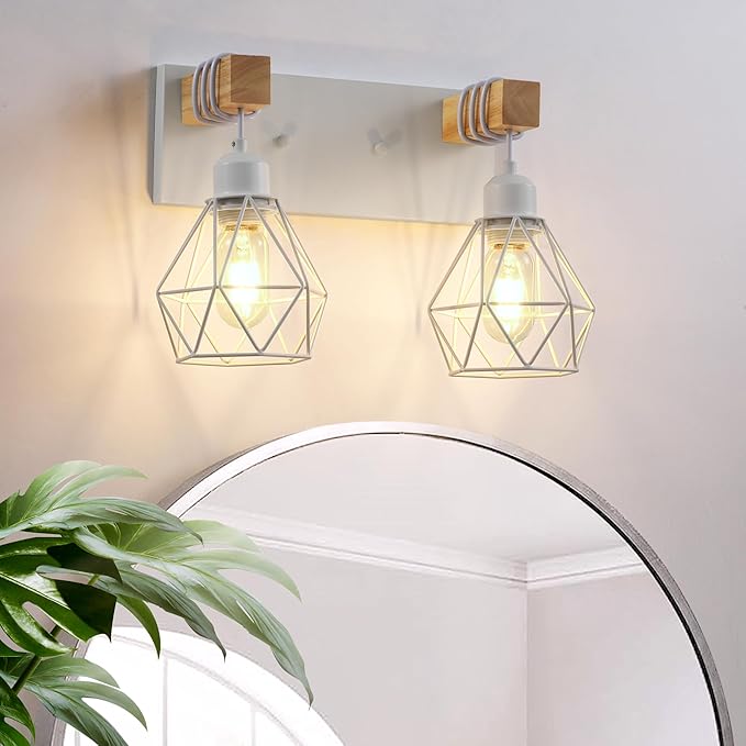 Farmhouse Vanity Light for Bathroom, 2-Light White Wood Bathroom Vanity Light Fixtures Over Mirror, Rustic Sconces Wall Lighting with Metal Lampshade for Living Room, Bedroom, Hallway