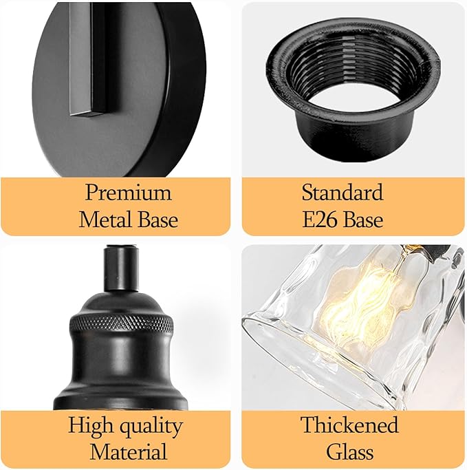 Blck Wall Sconce, Modern Matte Black Sconces Wall Lighting, Vintage Glass Light Fixtures for Bathroom Vanity Mirror Living Room Bedroom Kitchen Hallway Stairway E26 Hardwire