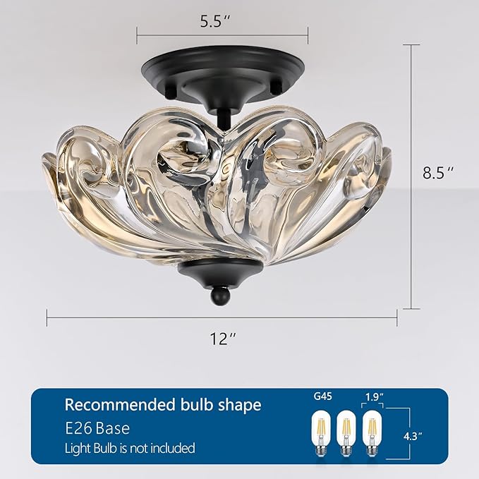 HuixuTe Modern Semi Flush Mount Ceiling Light, 3-Light Black Close to Ceiling Light Fixture with Cognac Glass Shade for Bedroom Living Room Entryway