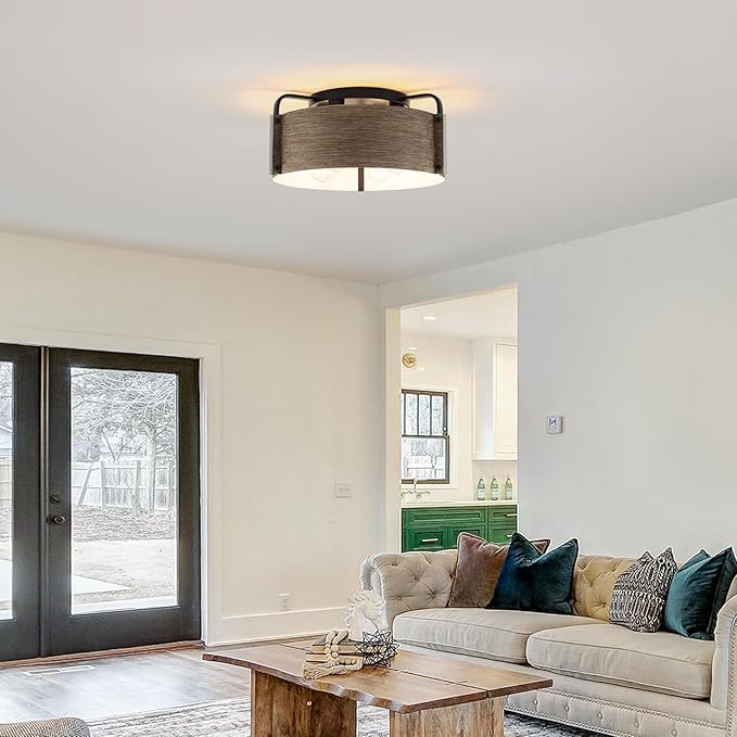 Flush Mount Ceiling Light, 4-Light Farmhouse Ceiling Light Fixture Metal Wood Grain Finish Close to Ceiling Lights for Living Room Kitchen Island Dining Room, E26 Base(Not Included Blub)