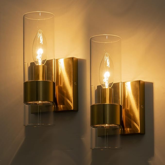 Brass Indoor Wall Sconces Set of Two, Bathroom Vanity Light Fixtures Over Mirror, Glass Wall Lamps for Bedroom Side Vanity Lights for Bathroom Sink Hallway, E12 Base