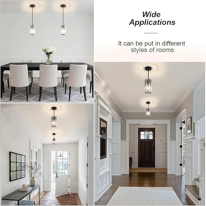 Modern Crystal Pendant Lights, Hanging Light Fixtures Mini Kitchen Island Pendant Lights Adjustable Crystal Chandelier Fixture for Island Dining Room Hallway Bedroom, Black 2-Pack