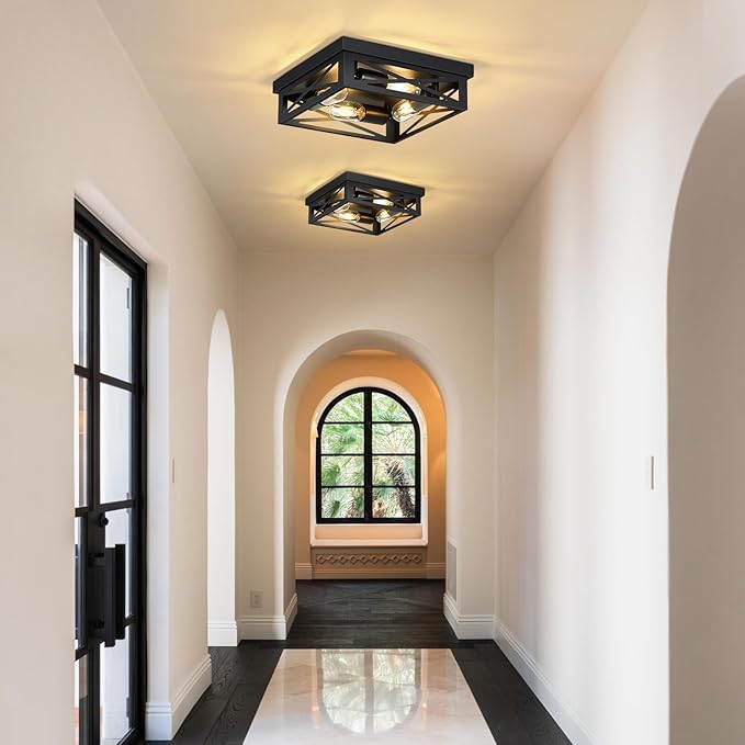 ZHU YAN 4-Light Black Hallway Light Fixture,Farmhouse Industrial Fixture with E26 Base,Cage Ceiling Fixture for Kitchen,Living Room,Hallway,Bedroom 1 Pack
