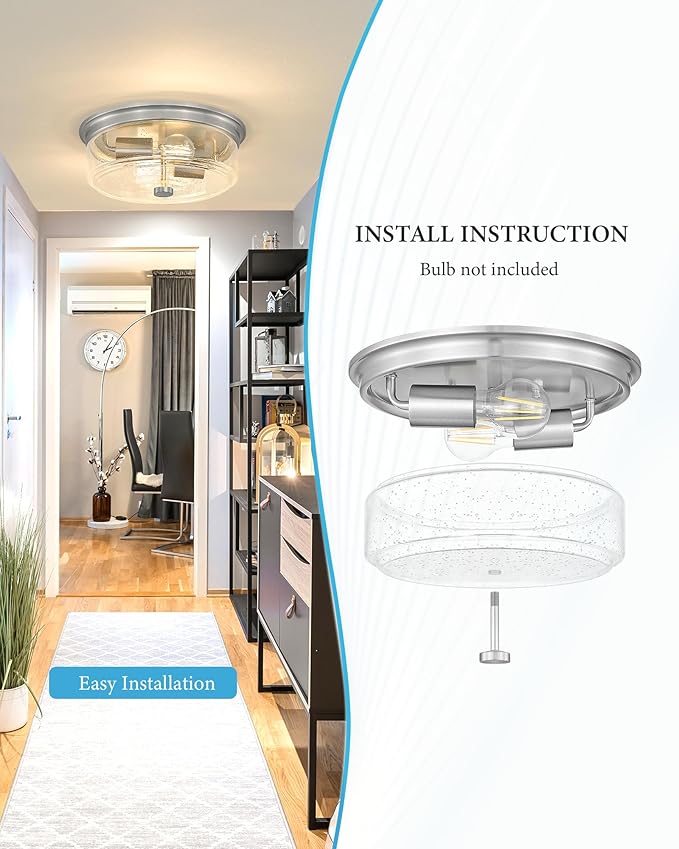 Brushed Nickel Flush Mount Ceiling Light Fixtures, 12 Inch 2-Light Light Fixtures Ceiling Mount with Seeded Glass Lampshade,Ceiling Light for Kitchen, Hallway, Entryway