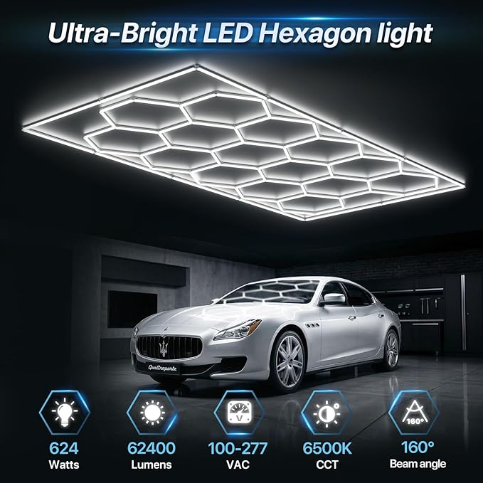 HYPERLITE Gen 2 Hexagon Garage Lights: 624W 62400LM 15 Grids Hexagon Led Lights, 6500K Ultra Bright Honeycomb Hex Lights, Easy Install, Durable Design for Garage, Car Detailing, Workshops, Gym