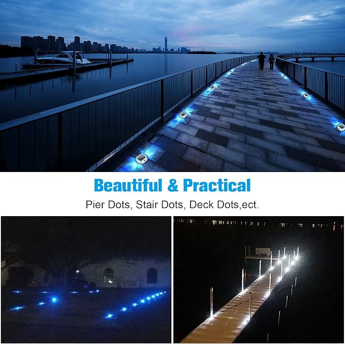 VOLISUN Solar Driveway Lights Dock Deck Lights 4-Pack,2 Colors in 1, LED Solar Powered Waterproof Outdoor Warning Step Light for Driveway Sidewalk Pathway (White/Blue),Auto On/Off