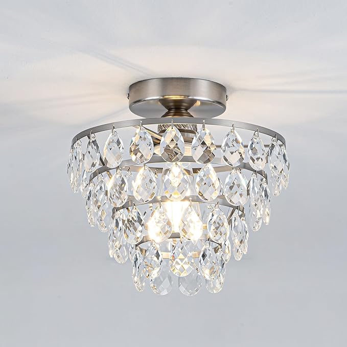Mayful Modern Crystal Ceiling Light Fixture Chrome Semi Flush Mount Ceiling Chandelier Mini Ceiling Light for Hallway Bedroom Bathroom Living Room E26