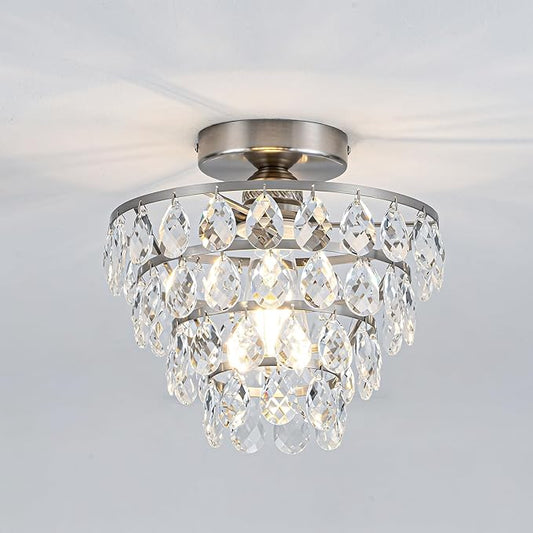Mayful Modern Crystal Ceiling Light Fixture Chrome Semi Flush Mount Ceiling Chandelier Mini Ceiling Light for Hallway Bedroom Bathroom Living Room E26