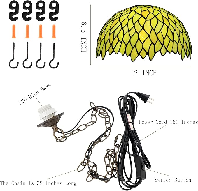Tiffany Pendant Light Plug in Stained Glass Hanging lamp 12X12X181 Inch Hanging Lamp Living Room Bedroom Kitchen Dining Room Office(Yellow Wisteria)