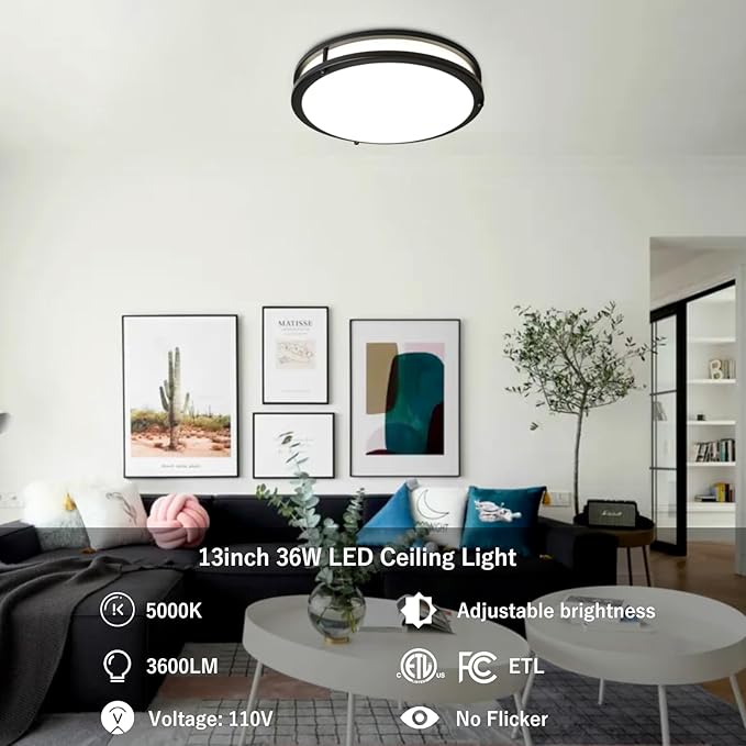 2-Pack Ceiling Light Fixture Black 36W, 13 inch Flush Mount Light Fixtures 3600LM, Modern Ceiling Light No Flicker, 5000K Bright LED Ceiling Lights for Hallways Bedroom Bathroom ETL Listed