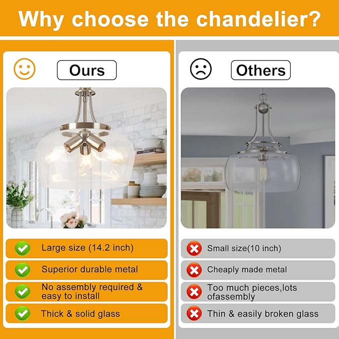 14.2" Modern Pendant Lights Kitchen Island, 3-Light Brushed Nicke Pendant Light Fixtures with Clear Glass Shade, Industrial Hanging Pendant Lights Fixture for Kitchen Island, Dining Room, Entryway