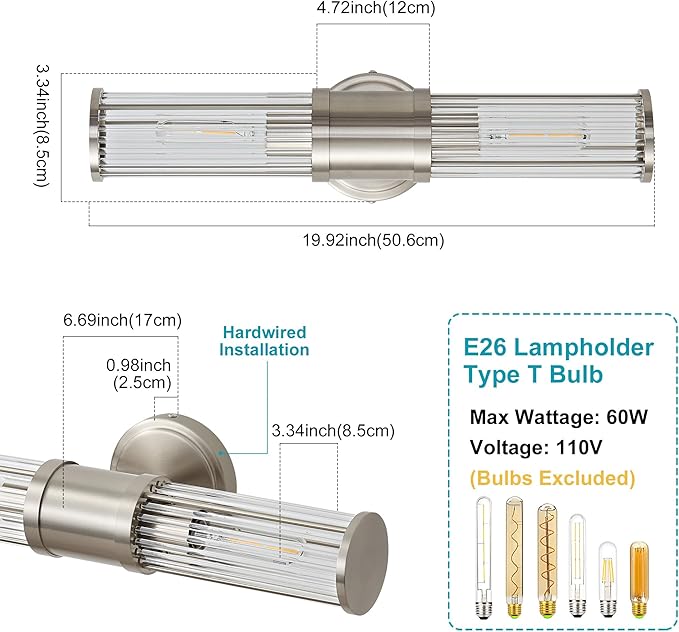 Brushed Nickel Wall Sconce Bathroom Vanity Light Fixtures for Mirror, Modern Wall Light with Glass Rod Shade for Bathroom, Bedroom, Hallway, Living Room - Bulb Not Included