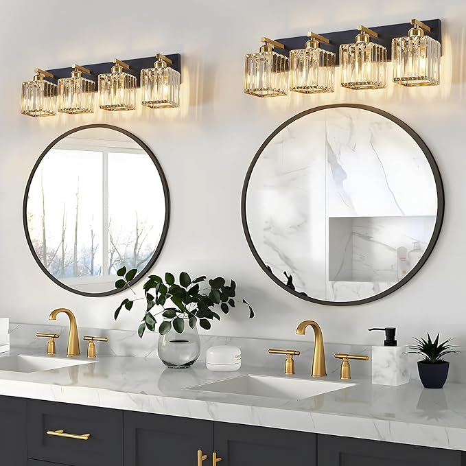 Modern Crystal Bathroom Vanity Light 4-Lights Modern Black Gold Crystal Bathroom Wall Light Over Mirror Vanity Light Fixtures