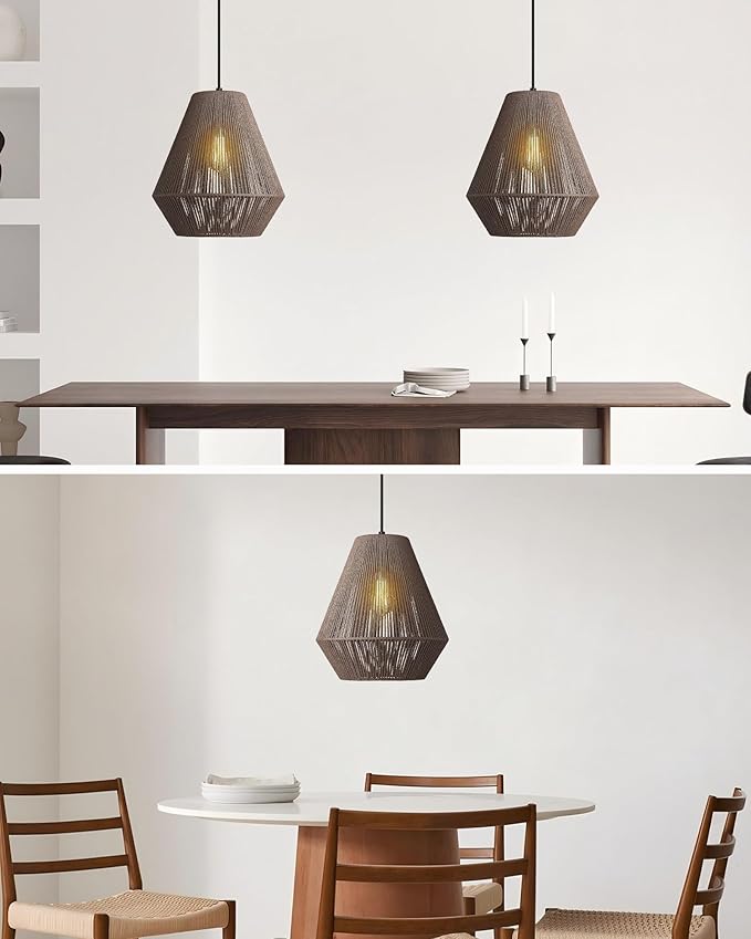 ELYONA 12” Woven Pendant Light for Kitchen Island Farmhouse Boho Hanging Lamp with Handwoven Rattan Basket Shade Adjustable Pendant Light Fixtures for Dining Room Bar Bedroom Foyer Hallway Dark Brown
