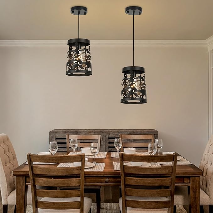 2 Pack Rustic Pendant Lights with Bear and Deer Design, 1-Light Black Round E26 Base Cage Metal Fixture Adjustable Hanging Height for Kitchen Island, Hallway, Dining Room, Foyer, Bedroom