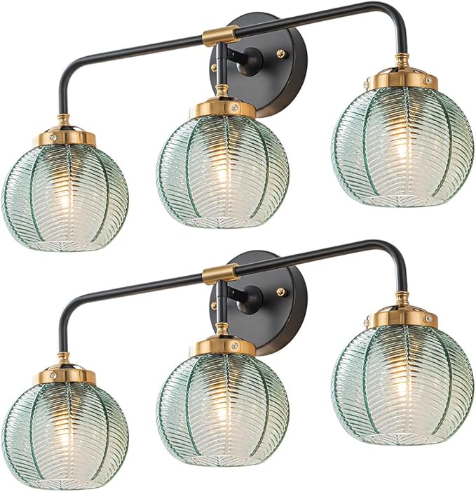 3-Light Bathroom Vanity Lights Vintage Bathroom Sconce Lights with Green Ribbed Glass Shade Mid Century Modern Light Fixture Art Deco Wall Lamp Mirror Over Vanity Light fixtures