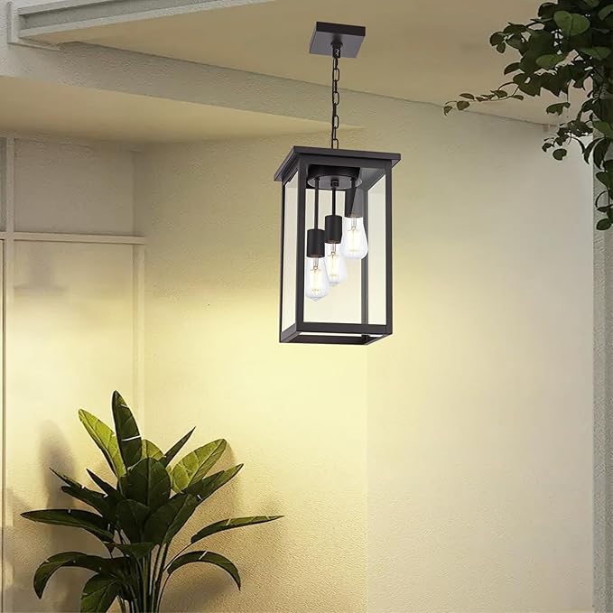 Yaohong Outdoor Pendant Light Fixture, 3-Light Vintage Oil Rubbed Bronze Farmhouse Exterior Hanging Lights with Clear Glass and Adjustable Chain, Outdoor Hanging Lantern for Porch Entrance Foyer Front