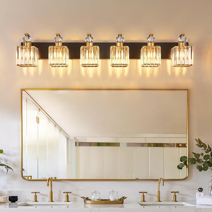 Modern Bathroom Vanity Light, 6-Light Black Gold Bathroom Lighting Fixtures Over Mirror, 44.1" Crystal Wall Light Sconce for Bathroom/Bedroom/Vanity, Includes LED Bulbs, Easy Installation